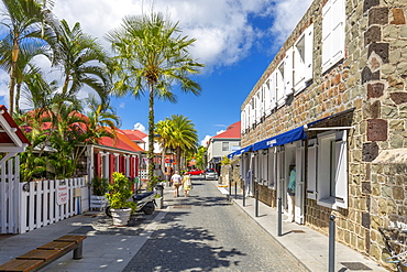 View of shops and buildings in town, Gustavia, St. Barthelemy (St. Barts) (St. Barth), West Indies, Caribbean, Central America