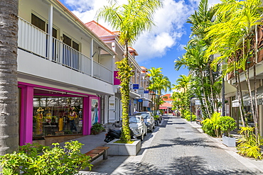 View of shops and buildings in town, Gustavia, St. Barthelemy (St. Barts) (St. Barth), West Indies, Caribbean, Central America