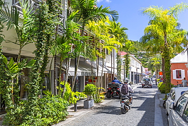 View of shops and buildings in town, Gustavia, St. Barthelemy (St. Barts) (St. Barth), West Indies, Caribbean, Central America