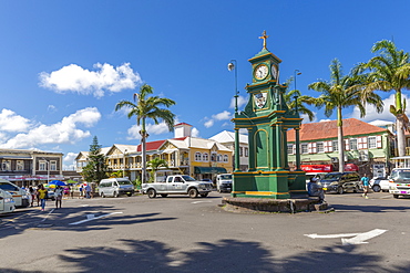 View of The Circus and Memorial Clock, Basseterre, St. Kitts and Nevis, West Indies, Caribbean, Central America