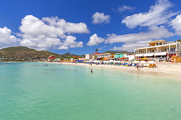 View of beach and turquoise sea at Philipsburg, St. Maarten, Leeward Islands, West Indies, Caribbean, Central America