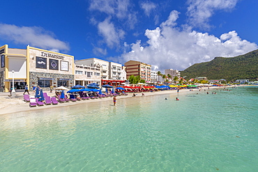 View of beach and turquoise sea at Philipsburg, St. Maarten, Leeward Islands, West Indies, Caribbean, Central America