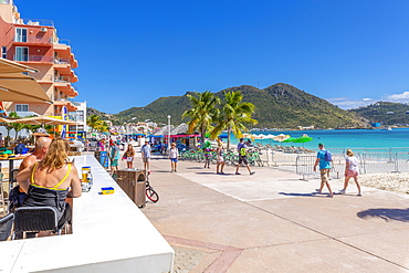 View of beach bar overlooking Caribbean Sea, Philipsburg, St. Maarten, Leeward Islands, West Indies, Caribbean, Central America