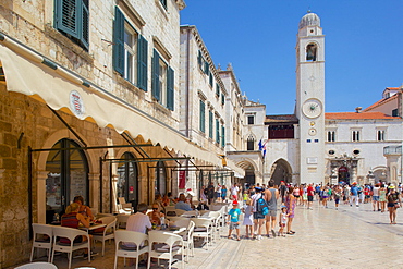 Clocktower and cafe, Dubrovnik, Dalmatia, Croatia, Europe