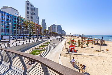 View of Bograshov Beach and sea front hotels, Tel Aviv, Israel, Middle East