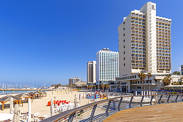 View of Gordon Beach and sea front hotels, Tel Aviv, Israel, Middle East