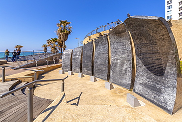 View of public garden commemorating first migrants who reached Israel by sea, London Square, Jaffa, Tel Aviv, Israel, Middle East