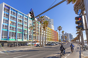 View of colourful buildings and traffic on Hayarkon Street, Tel Aviv, Israel, Middle East