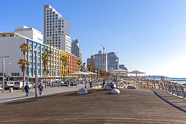 View of colourful buildings and promenade on Hayarkon Street, Tel Aviv, Israel, Middle East