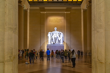 View of Lincoln statue in the Lincoln Memorial at night, Washington D.C., United States of America, North America