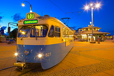 City trams at dusk, Drottningtorget, Gothenburg, Sweden, Scandinavia, Europe