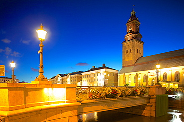 Bridge and church at night, Gothenburg, Sweden, Scandinavia, Europe 