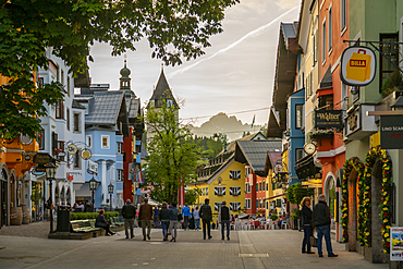 View of visitors taking an evening walk on Vorderstadt, Kitzbuhel, Austrian Tyrol Region, Austria, Europe