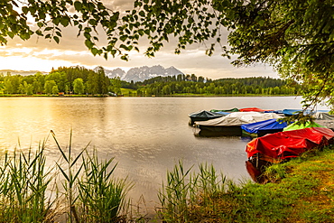 View of the Wilder Kaiser Mountain Range from Schwarzsee near Kitzbuhel, Tyrol, Austria, Europe