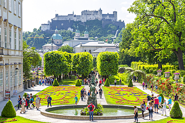 View of Hohensalzburg Castle from Mirabell Gardens, UNESCO World Heritage Site, Salzburg, Austria, Europe