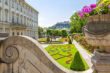 View of Hohensalzburg Castle from Mirabell Gardens, UNESCO World Heritage Site, Salzburg, Austria, Europe