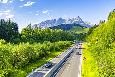 View of Fritzerkogel and autobahn near Nischofshofen, Upper Austria region of the Alps, Salzburg, Austria, Europe