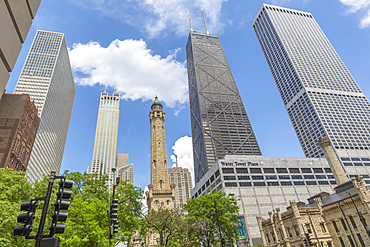 View of The Water Tower and John Hancock Tower on Michigan Avenue, Chicago, Illinois, United States of America, North America