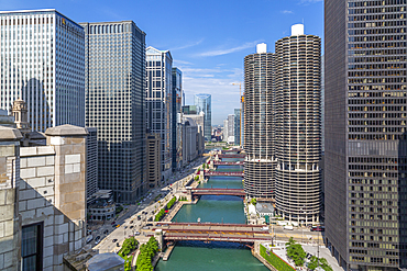 View of Chicago River from rooftop terrace, Downtown Chicago, Illinois, United States of America, North America