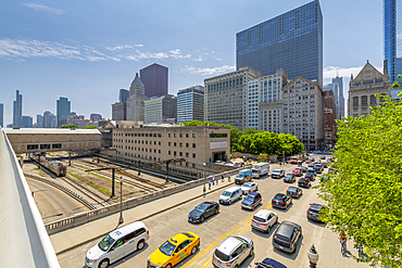 View of city skyscrapers and railway, Downtown Chicago, Illinois, United States of America, North America