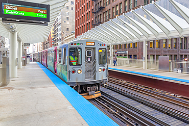 View of Loop train at station, Downtown Chicago, Illinois, United States of America, North America