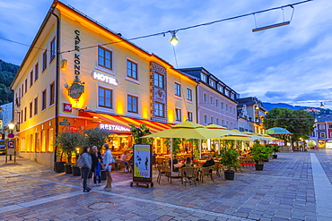 View of restaurant on Hauptplatz at dusk, Schladming town, Styria, Austrian Tyrol, Austria, Europe