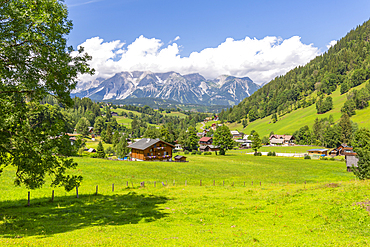 Panoramic view of mountains and meadows near Untertal, Schladming, Styria, Austrian Tyrol, Austria, Europe