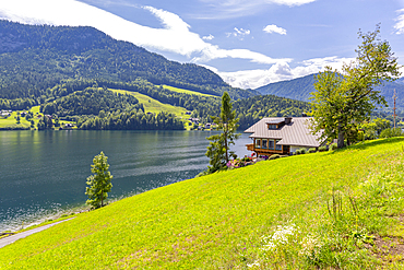 View of Grundlsee village on the shore of lake, Grundlsee, Styria, Austria, Europe