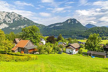 View of traditional chalets and Grundlsee, Styria, Austria, Europe