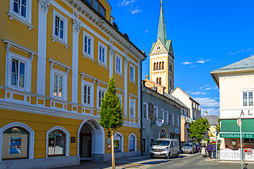 View of colourful Catholic Church at Radstadt, Styria, Austria, Europe