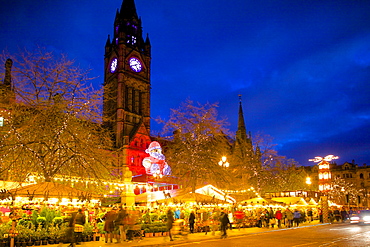 Christmas Market and Town Hall, Albert Square, Manchester, England, United Kingdom, Europe