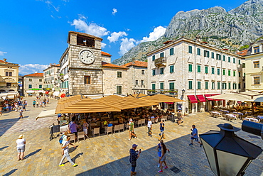 View of Old Town Clock Tower in the Old Town of Kotor, UNESCO World Heritage Site, Kotor, Montenegro, Europe