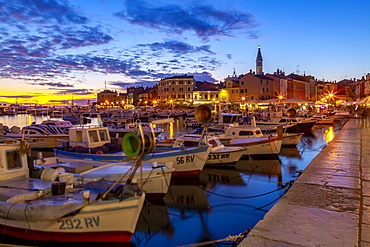 View of harbour and the old town with the Cathedral of St. Euphemia at dusk, Rovinj, Istria, Croatia, Adriatic, Europe