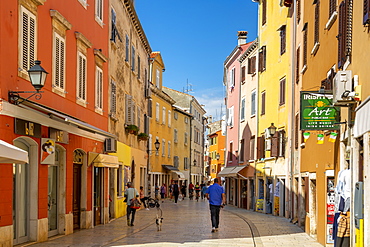 View of shops and people in colourful old town, Rovinj, Istria, Croatia, Adriatic, Europe