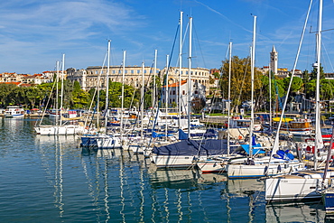 View of Pula Marina and Roman Arena (Amphitheatre), Pula, Istria County, Croatia, Adriatic, Europe