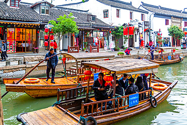 View of boats on waterway in Zhujiajiaozhen water town, Qingpu District, Shanghai, China, Asia