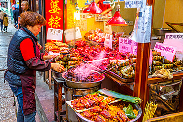 View of local produce stall in Zhujiajiaozhen water town, Qingpu District, Shanghai, China, Asia