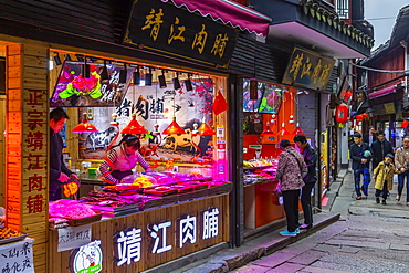 View of busy shopping street in Zhujiajiaozhen water town, Qingpu District, Shanghai, China, Asia