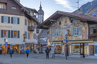 Ornate architecture and Parish Church of St. Martin, Garmisch-Partenkirchen, Bavaria, Germany, Europe