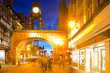 East Gate Clock at Christmas, Chester, Cheshire, England, United Kingdom, Europe