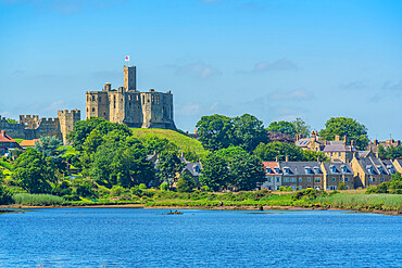 View of Warkworth Castle and River Coquet, Warkworth, Northumberland, England, United Kingdom, Europe