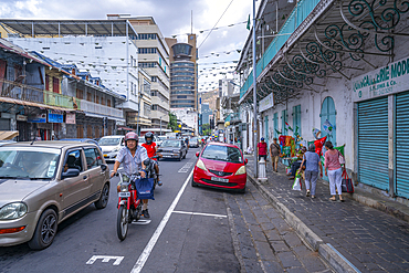 View of architecture and busy street in Port Louis, Port Louis, Mauritius, Indian Ocean, Africa