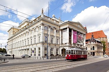 Opera House and city tram, Old Town, Wroclaw, Silesia, Poland, Europe