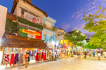 View of busy 5th Avenue at dusk, Playa del Carmen, Quintana Roo, Caribbean Coast, Yucatan Peninsula, Riviera Maya, Mexico, North America