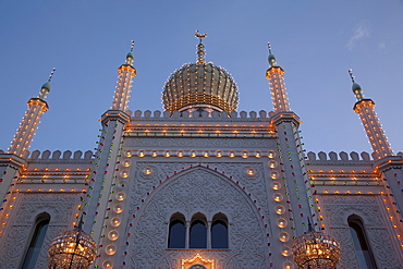 Pavilion at dusk, Tivoli Gardens, Copenhagen, Denmark, Scandinavia, Europe