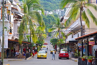 Taxis and street scene, Downtown, Puerto Vallarta, Jalisco, Mexico, North America