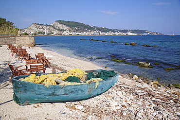 Fishing boat and town, Zakynthos Town, Zakynthos, Ionian Islands, Greek Islands, Greece, Europe