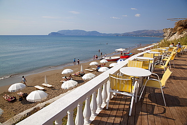 Cafe overlooking beach, Kalamaki, Zakynthos, Ionian Islands, Greek Islands, Greece, Europe