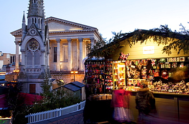 Christmas Market stalls and Town Hall, City Centre, Birmingham, West Midlands, England, United Kingdom, Europe