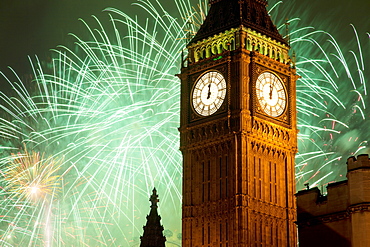 New Year fireworks and Big Ben, Houses of Parliament, Westminster, London, England, United Kingdom, Europe